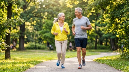 Fototapeta premium Happy senior couple jogging together in a green park enjoying an active lifestyle