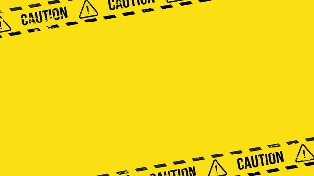 Caution tape overlay frame with caution warning icon and stripe lines on yellow background 4K 60 fps