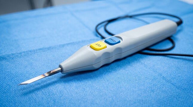 Electrosurgical cautery pencil on blue surgical drape.