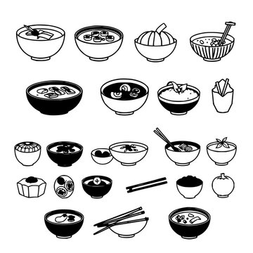 Asian dishes set with 24 simple black-and-white line drawings arranged in a 6x4 grid featuring sushi, dumplings, noodles, rice, soup with minimalist illustration and vector graphics
