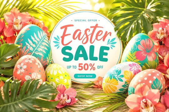 Tropical Easter Sale Banner with Floral Painted Eggs, Palm Leaves and Spring Holiday Discount Promotion