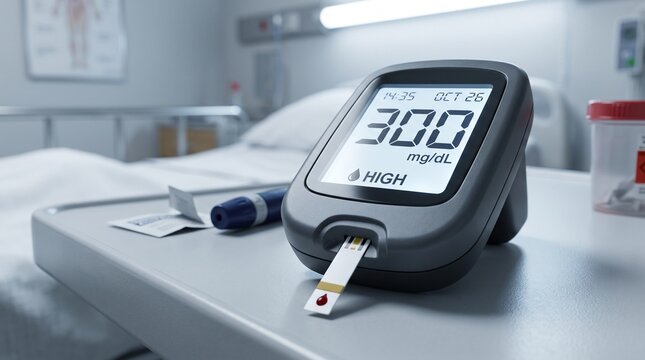 Digital glucometer showing high blood sugar level of three hundred mg dL in a hospital setting.