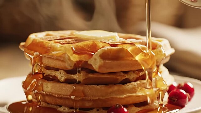 Maple syrup pouring over stack of golden toasted waffles.