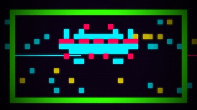 Vibrant Retro Pixel Arcade Intro Featuring Neon Alien Sprite and Digital Glitch Background Effects for Gamers