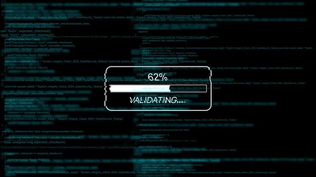Cybersecurity data validation progress bar with scrolling source code background, software development