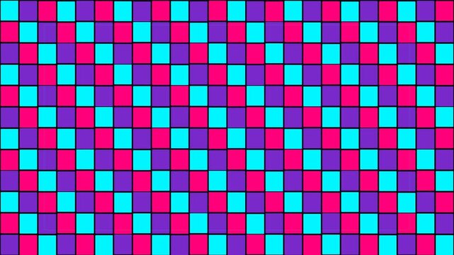 Colorful checkered pixel grid pattern with vibrant magenta, cyan, and purple squares repeating in a dynamic geometric layout for digital backgrounds and retro designs