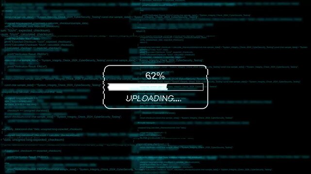 Digital data upload progress bar with scrolling source code background, for cyber security, and software development concepts