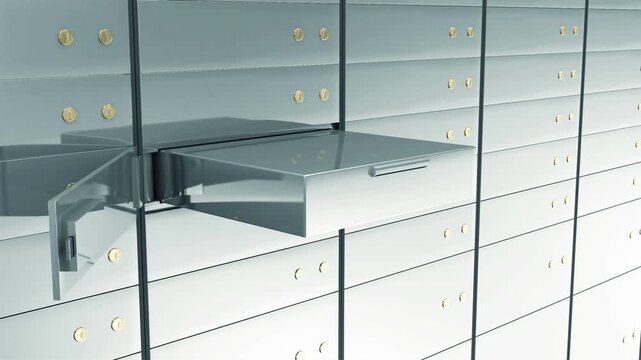 Close view of a secure safe deposit box wall as one metallic drawer slides outward and opens, revealing the empty interior of a bank vault storage compartment in 3D render