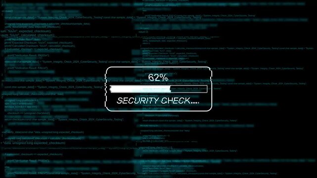Cybersecurity system check progress bar with scrolling digital code background, data protection digital security