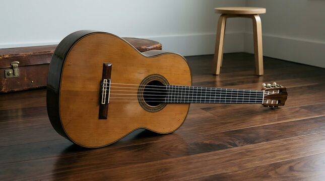 Acoustic classical guitar resting on a polished wooden floor next to a small stool.