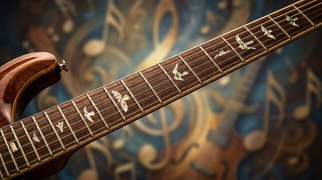 Detailed Close-up of an Electric Guitar Fretboard with Music Notes Background
