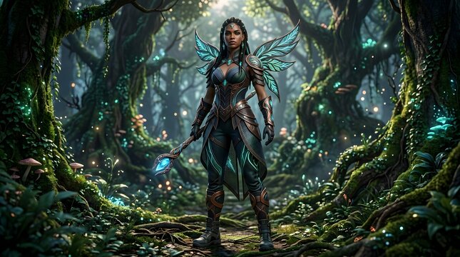 Fantasy warrior woman with glowing wings standing in a magical forest