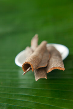 Close-up of cinnamon in bowl