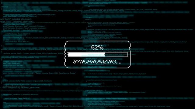 Digital data synchronization progress bar with cyber security programming code background, loading