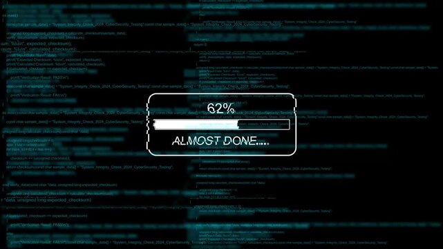 Digital loading progress bar with cyber security source code background, data processing and software update concept