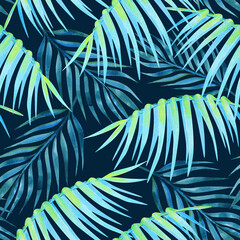 Teal color tropical neon jungle foliage seamless pattern on dark blue background © AineGing