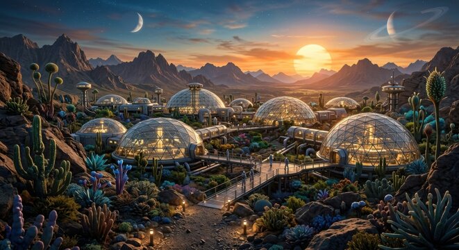 Futuristic Colony Domes on Alien Exoplanet Landscape