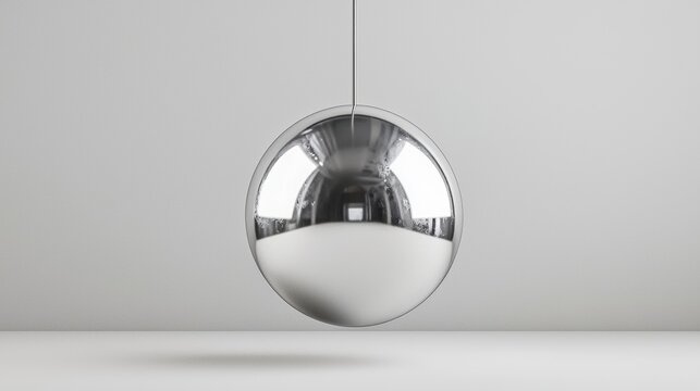 A shiny silver sphere suspended by a thin wire.