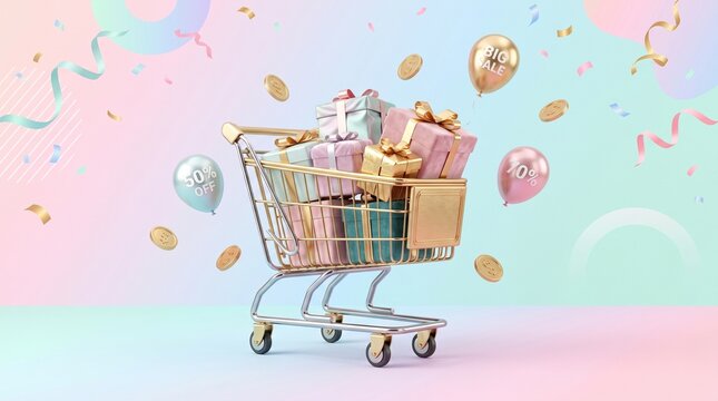 3D realistic render of shopping cart filled with gift boxes and floating gold coins for mega sale banner.