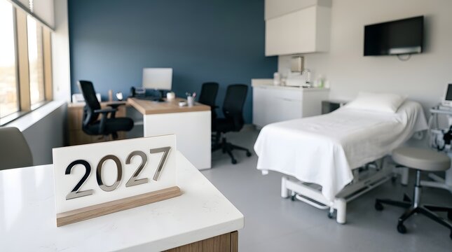Medical office interior with examination room and calendar showing future year two thousand twenty seven