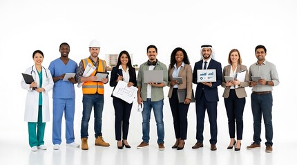 Obraz premium Group of diverse professionals from various industries standing together in a row isolated on white background
