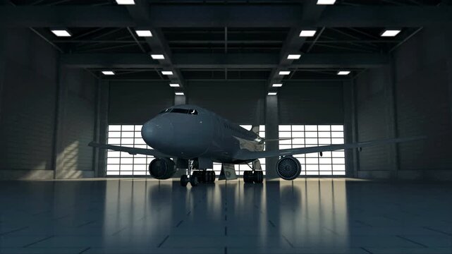 A white commercial passenger airplane stands inside a large modern hangar as the camera slowly moves closer, revealing engines, landing gear and reflective floor in 3D render