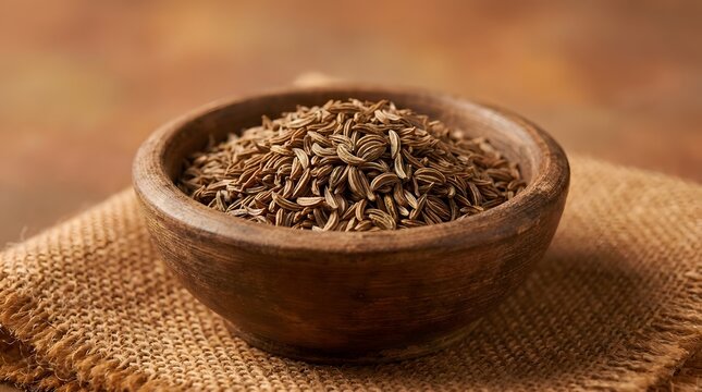 Dried cumin seeds in a small wooden bowl on a rustic burlap surface
