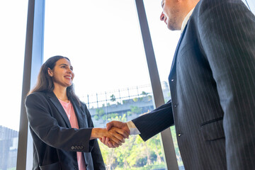 Business people shaking hands, finishing up a meeting. Businessman and businesswoman greeting each other with handshake. © bennnn