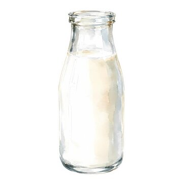 Traditional Watercolor Glass Milk Bottle Filled with Fresh Milk Isolated on White