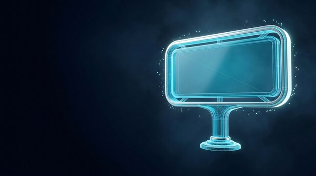 Glowing digital hologram of a blank billboard on a stand with billboard hologram advertising marketing technology futuristic wireframe innovation structure