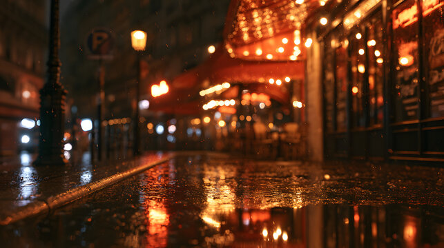 Rainy Parisian Street with Warm Cafe Lights Reflecting on Wet Pavement at Night