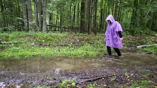 Person in purple rain poncho walks through muddy puddle in dense green forest, water splashing from steps, wet natural environment after rain, outdoor adventure in wild nature