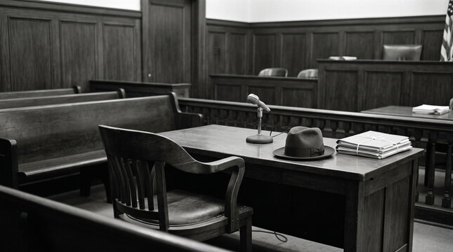Black and white view of an empty vintage courtroom with a hat and microphone on the desk.