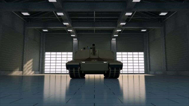 A military tank advances toward the camera in a spacious industrial garage or hangar, shown from a centered frontal perspective with tracks, cannon, and reflective floor visible in 3D render