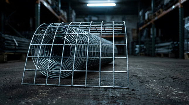 Roll of galvanized steel welded wire mesh fencing material resting on a concrete floor in an industrial hardware warehouse.