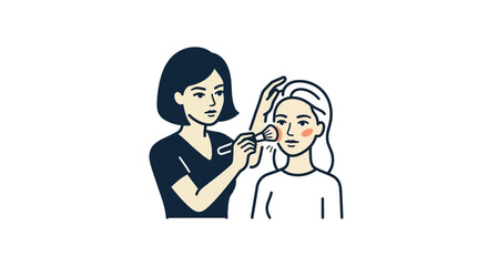 Obraz premium ilustrasi penata rias mengaplikasikan riasan pada wajah wanita muda cantik dengan kuas rias terisolasi latar belakang transparan