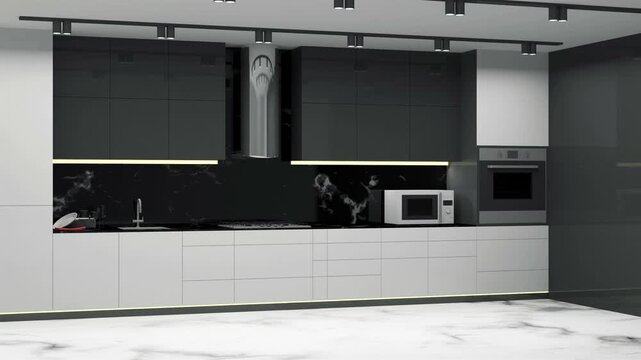 Slow lateral view of a contemporary kitchen with black upper cabinets, white lower drawers, marble floor, built in oven, microwave, sink, and metal range hood in 3D render