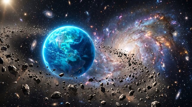 Glowing blue globe floating amidst asteroid belt in deep space with asteroid