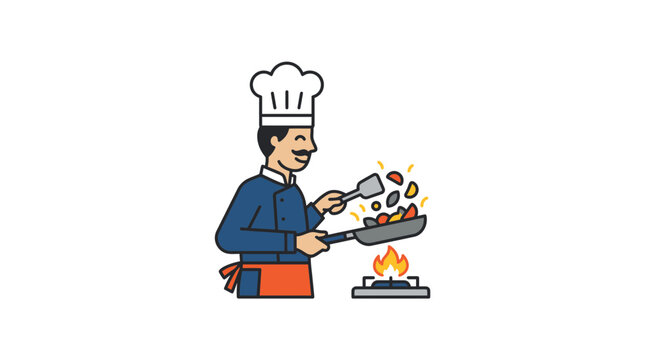 Koki kartun memasak makanan lezat di wajan dengan api menyala ilustrasi profesional terisolasi
