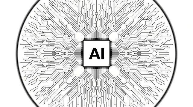 A circular black and white illustration featuring a central microchip with the letters ai surrounded by intricate digital circuitry