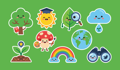 Fototapeta premium Collection Of Kawaii Nature Elements Colorful Vector Illustrations With Smiling Faces cartoon cheerful climate cloud cute earth education environment flora