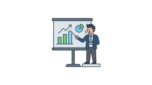 pria bisnis presentasi grafik pertumbuhan keuangan di papan tulis konsep analisis data dan strategi investasi