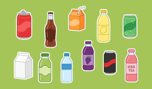 Assorted beverage containers vector illustration with bright colors and simple shapes drinks soda juice water tea cans bottles cartons packaging