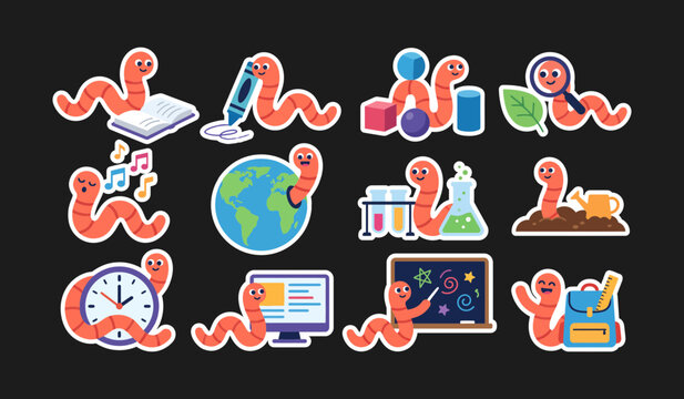 Cartoon Worm Characters With Objects Colorful Vector Illustration worms character bright vibrant flat design graphic isolated book pen blocks leaf