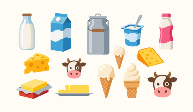 Dairy products and cow heads a flat vector illustration on a pale background milk yogurt cheese butter ice cream cattle