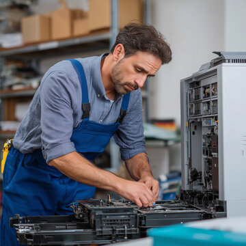 an it technician purging the air from a printer and repairing it