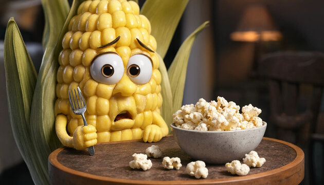 Corn Character Eats Popcorn