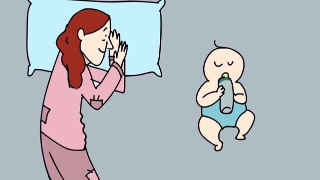 2D animation top view of a mother sleeping in bed next to her baby holding a milk bottle newborn care concept