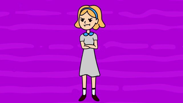 2D animation portrait of a sad disappointed blonde girl standing with arms crossed purple background