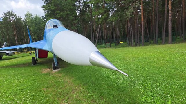 Fighter jet display on green grass field with pine tree forest background, blue and white aircraft nose cone and cockpit visible during daytime.